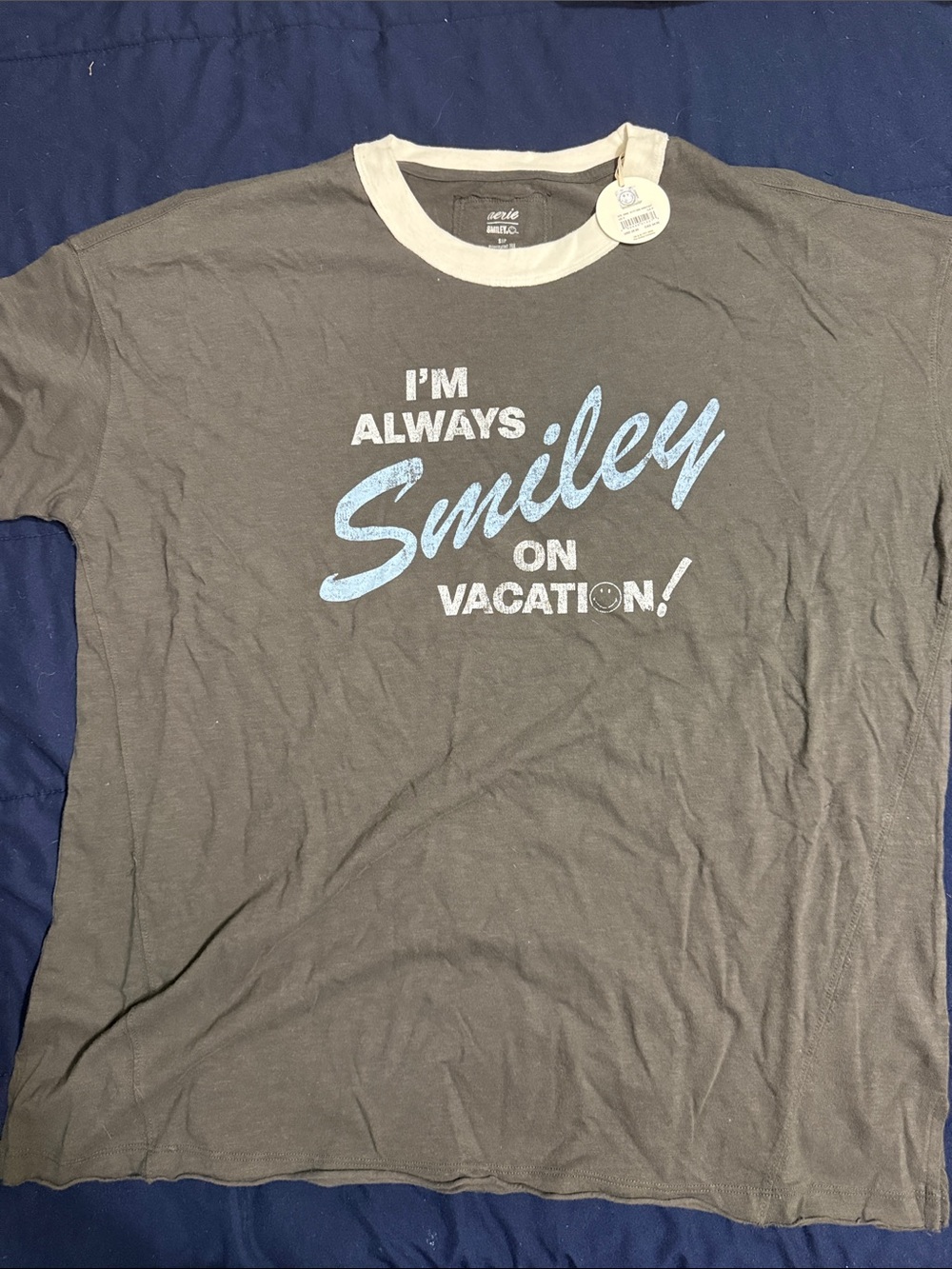 aerie Gray Ringer Tee with Blue Smiley Graphic NWT size small